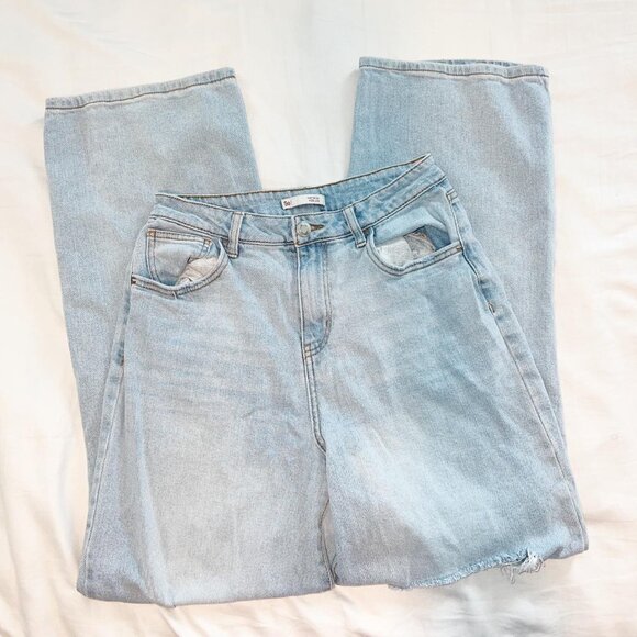 High rise wide leg ripped straight leg blue jeans - Picture 1 of 6